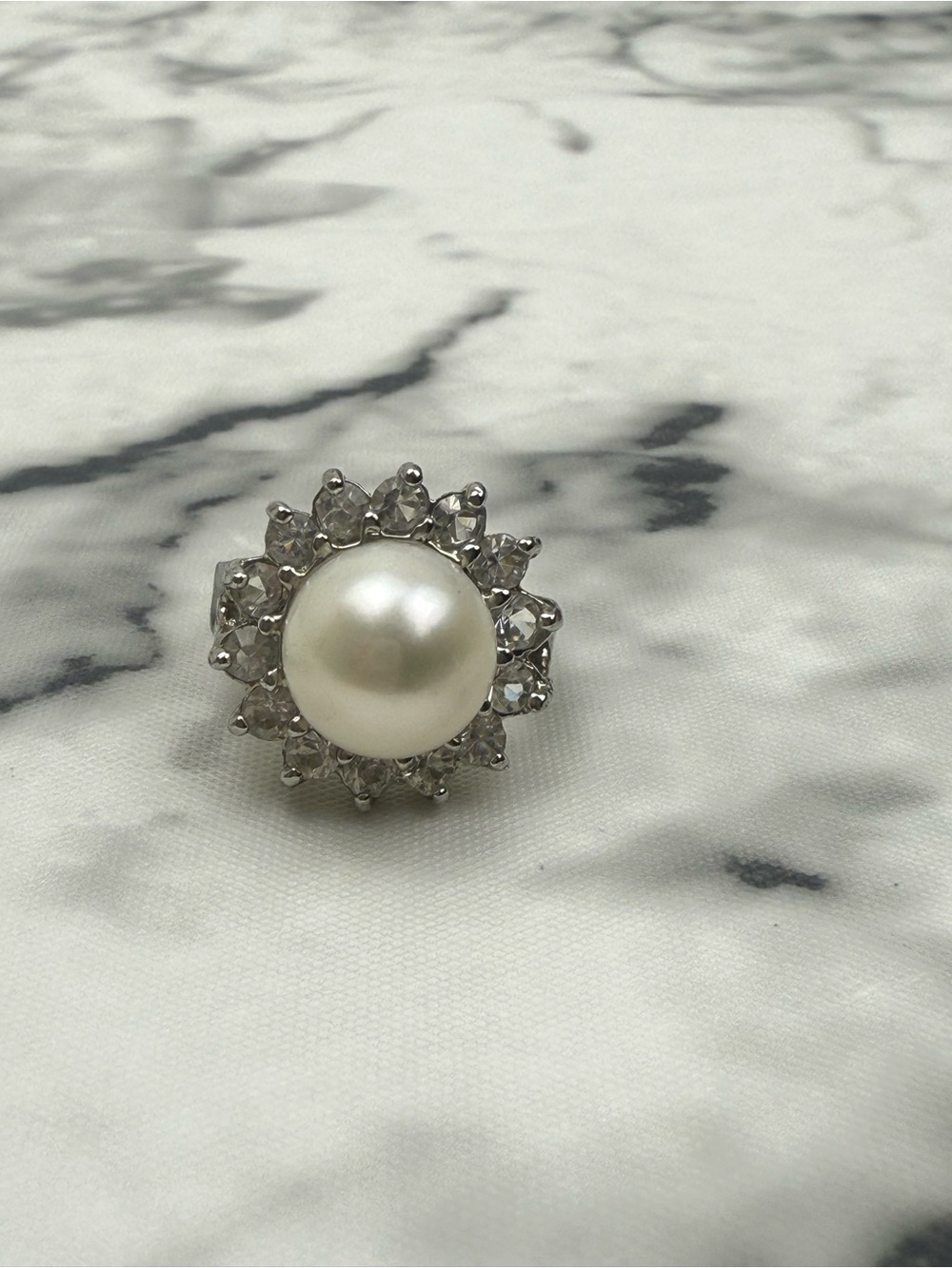 Faux Pearl Crystal Halo Ring Silver Tone NWT